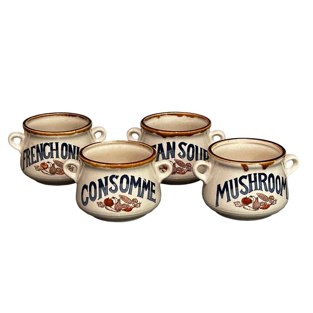 Vintage Set of 4 Stoneware Japan handle Soup Bowls Onion Bean Mushroom Cups Mugs